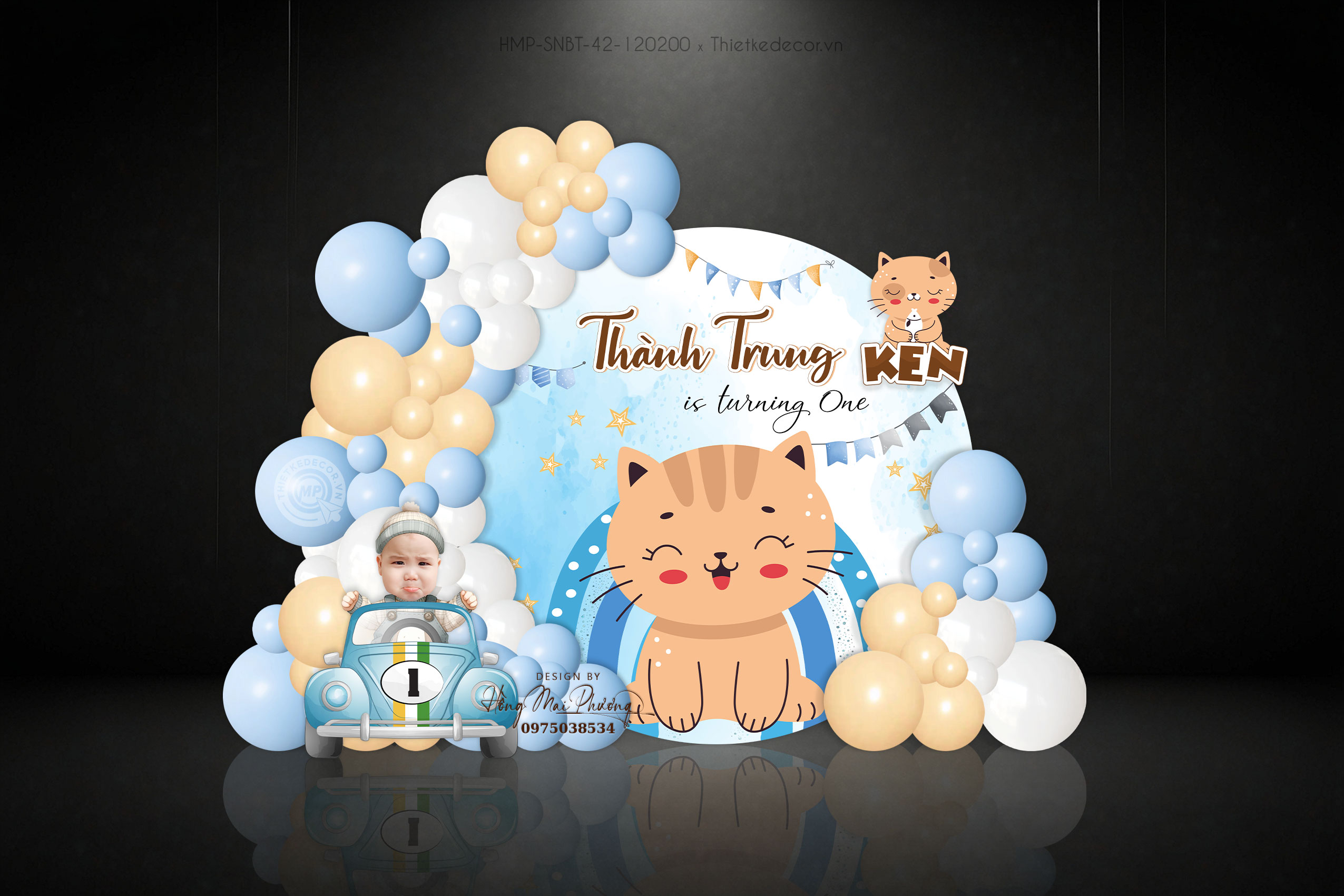 Sinh nhật bé trai tone xanh tuổi mèo thích xe hơi